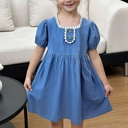 Girls Summer Denim Mini Dress Lace Square Neck Puff Sleeve Dress Casual Flowy Babydoll Jean Dresses 3-10 Years Clearance Sale