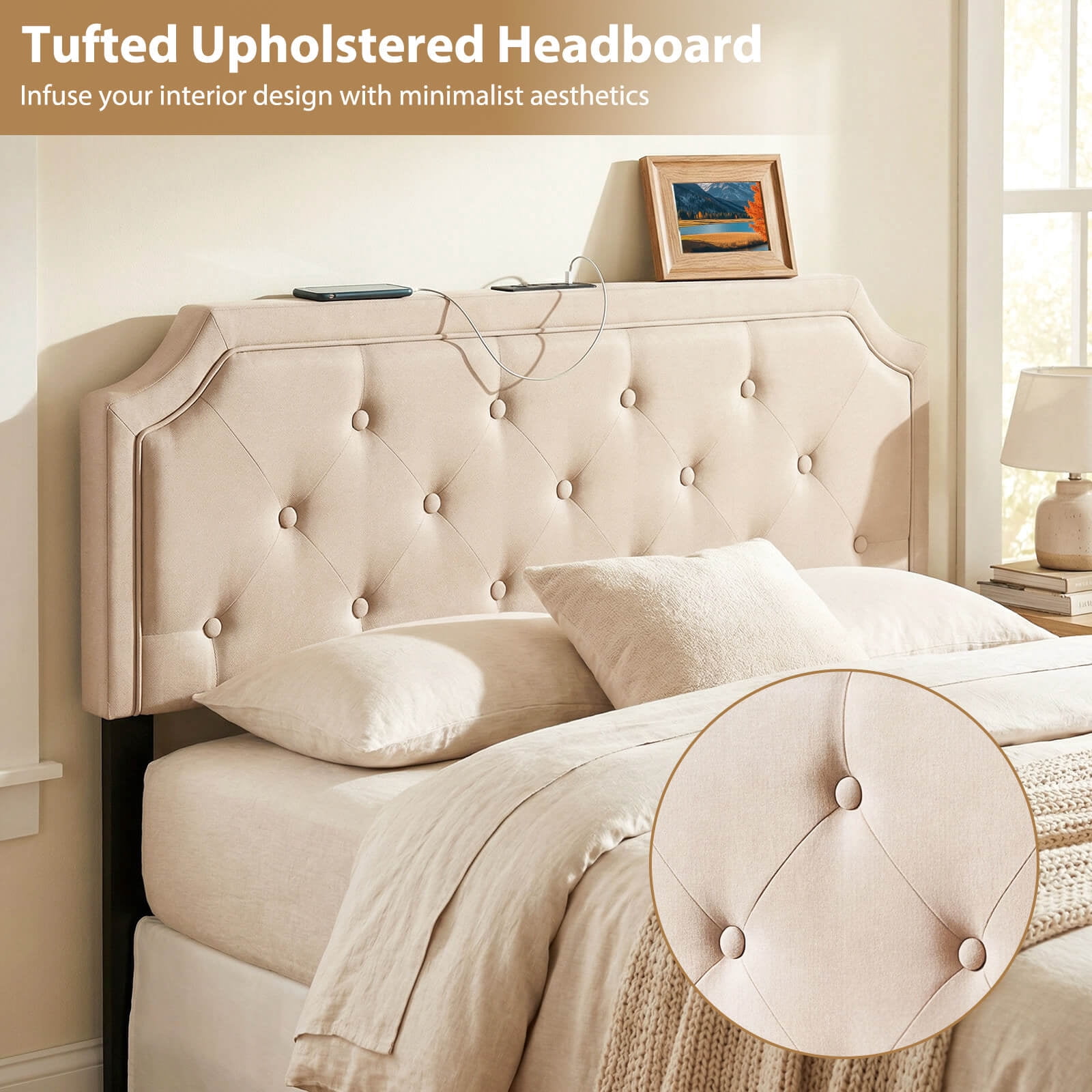 Costway Headboard for Queen & Full Size Bed,Tufted Upholstered Head Board with 2 AC Outlets Beige