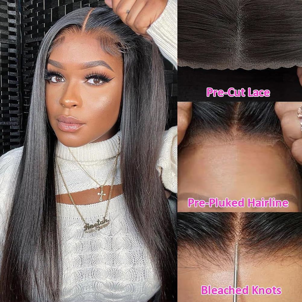 5x5 HD Lace Closure Wigs Human Hair Wear and Go Glueless Wigs Human Hair Pre Plucked Pre Cut 180% Density, 26 Inch 5x5 Straight Closure Human Hair Wig for Beginner Friendly Natural Black