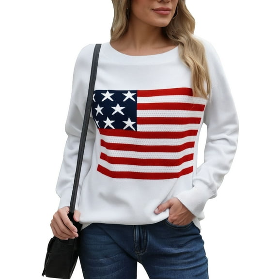 American Flag Sweaters for Women Veterans Day Independence Day Patriotic Stars Sweater Long Sleeve Crewneck Striped Sweater Alsol Lamesa