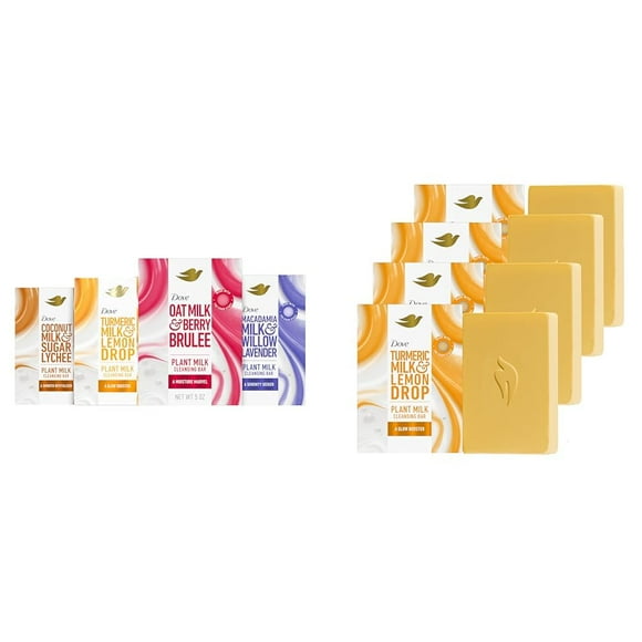 Dove Plant Milk Cleansing Bar Soap Variety Pack with Turmeric Milk & Lemon Drop Glow Booster 4 Count 5 oz Bars for Moisturized Skin