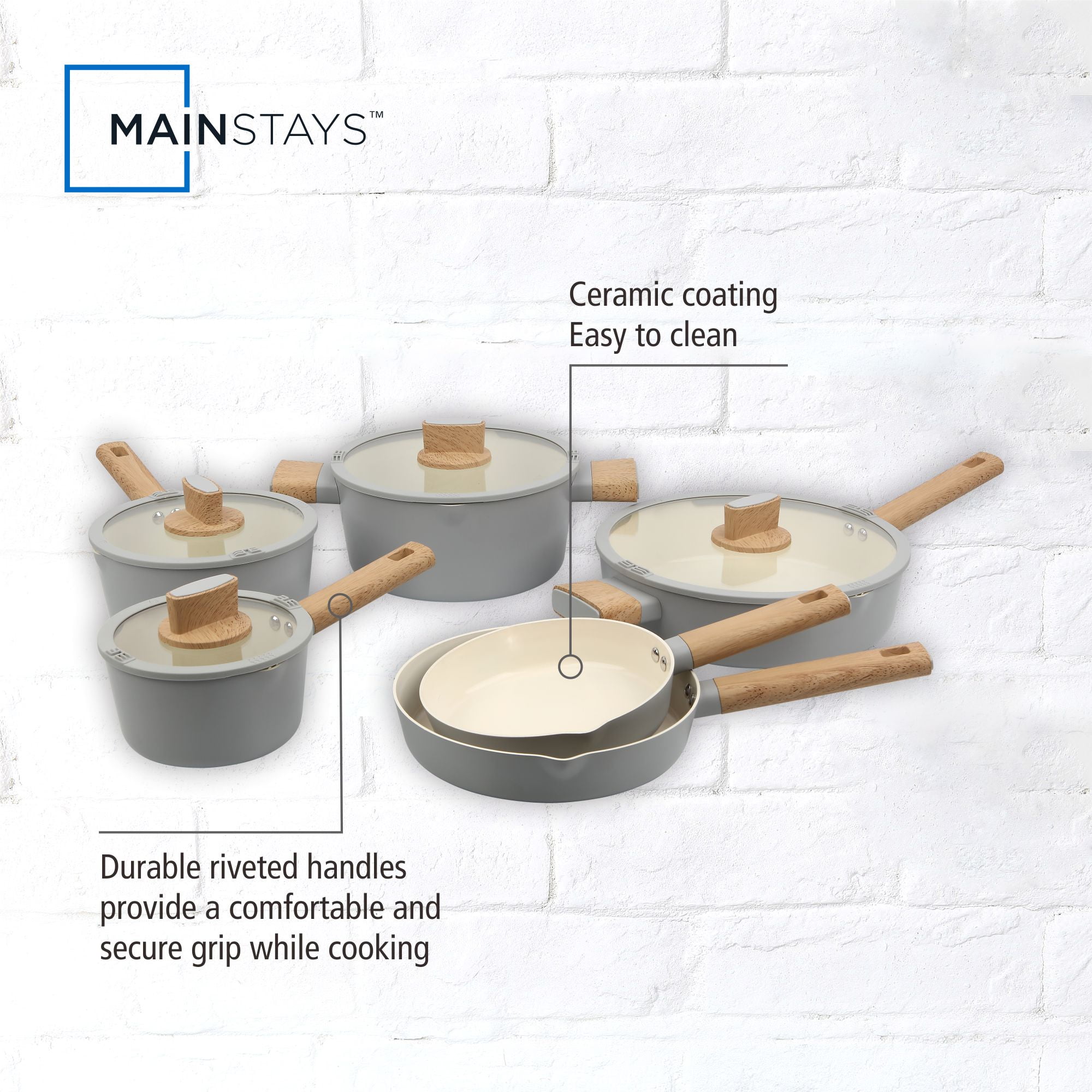 Mainstays Simplicity 10 Pcs Aluminum Nonstick Ceramic Cookware Set Sil