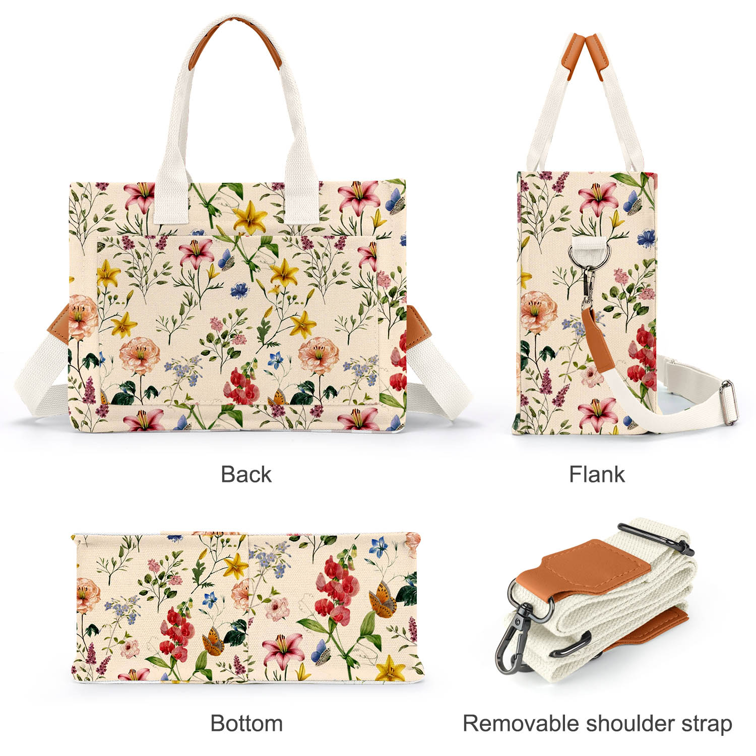 Gocvo Canvas Tote Bag, Large Multi-Pocket, Retro Flower photo 4