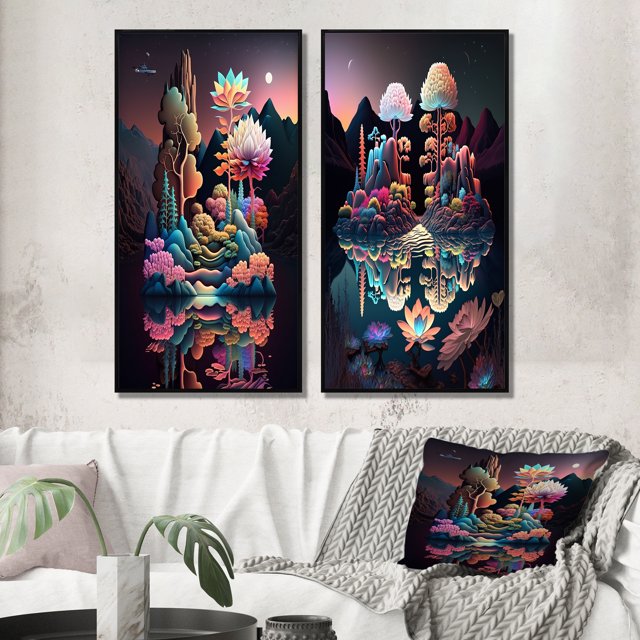Designart "Mysterious Nocturnal Flora Abstracted Lake II" Abstract Landscape Framed Wall Art Set Of 2 - Modern Multicolor Framed Wall Art Set Of 2