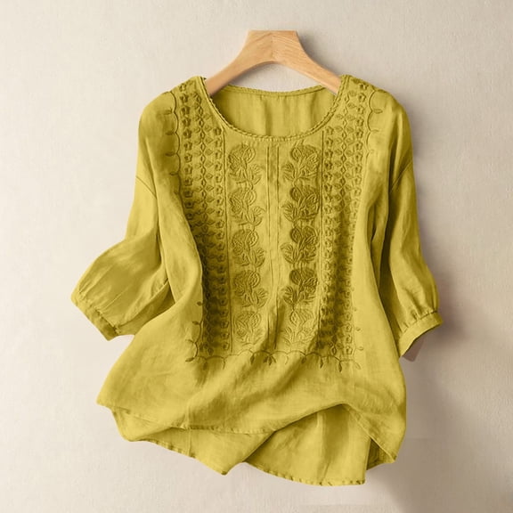 Womens Short Sleeve Tops Fashionable Casual Solid Color Pleated Cotton and Linen Tops Shirts and T Shirts