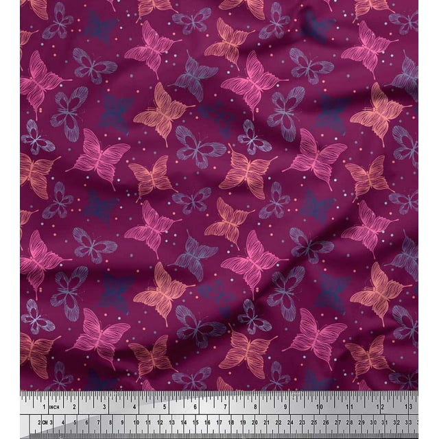 Soimoi Polyester Crepe Fabric Dot & Butterfly Printed Craft Fabric by The Yard 52 Inch Wide