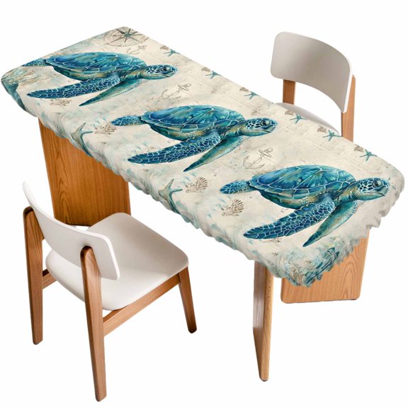 Teal Sea Turtle Coastal Table Cloths for 8 Foot Rectangle Tables, Vintage Summer Beach Nautical Patio Waterproof Elastic Fitted Tablecloths, Washable Rectangular Table Cover for Camping