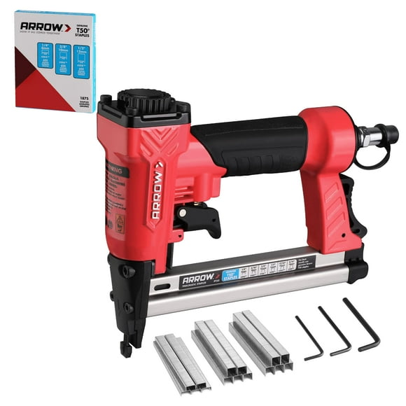 Arrow Pneumatic Staple Gun, Oil-Free Upholstery Stapler with 3750 Pieces T50 1/4&quot;, 3/8&quot;, 1/2&quot; Staples, Adjustable Exhaust, for Woodworking, Professional and DIY Projects, PT