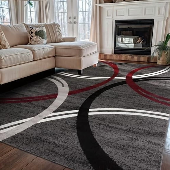 Modern Wavy Circles Design Non-Shedding Area Rug, Carpet for Living Room, Dining Room, or Bedroom, Red, 5'3" x 7'3"