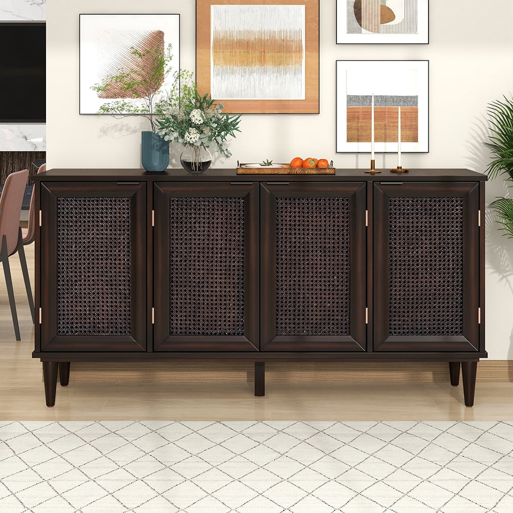 Resenkos 58" Accent Cabinet with 4 Rattan Doors and 2 Adjustable Shelves, Espresso