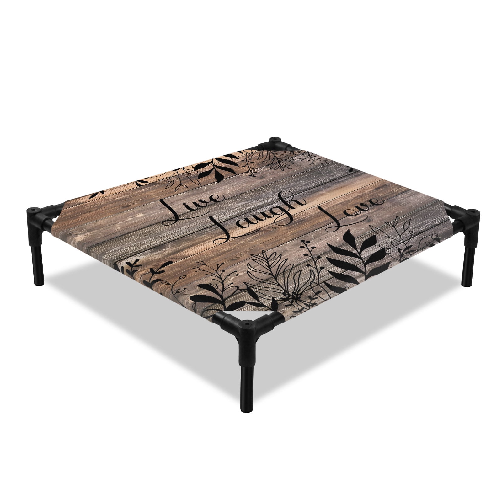 Farmhouse Leaves Elevated Dog Bed Country Vintage Brown Wood Grain Black Leaf Cooling Breathable Outdoor Raised Dog Cot Bed with Metal Frame Non-Slip Feet for Small Dog 20x20in