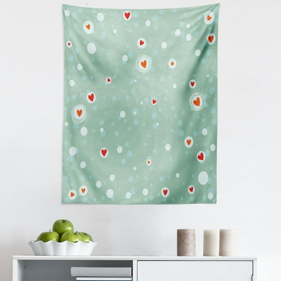 Aqua Tapestry, Sketchy Circles with Hearts and Abstract Dots with Turquoise Backdrop Image, Fabric Wall Hanging Decor for Bedroom Living Room Dorm, 5 Sizes, Seafoam Orange White, by Ambesonne
