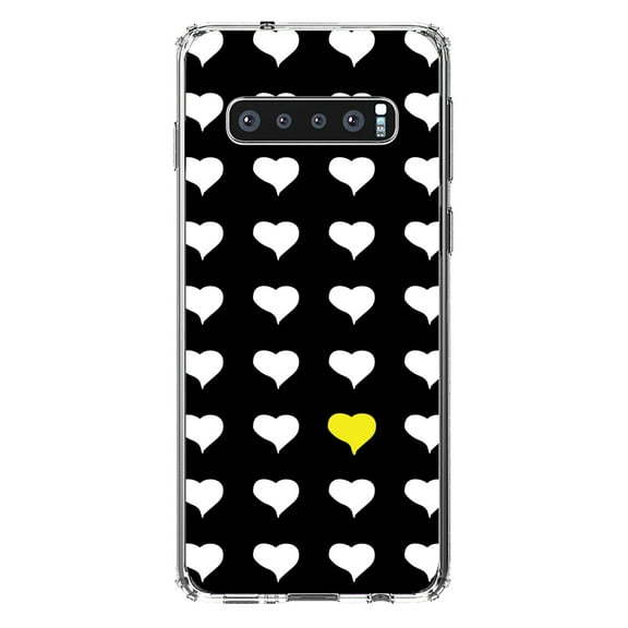DistinctInk Clear Shockproof Hybrid Case for Samsung Galaxy S10  PLUS(6.4" Screen) - TPU Bumper, Acrylic Back, Tempered Glass Screen Protector - Yellow White Black Repeating Hearts