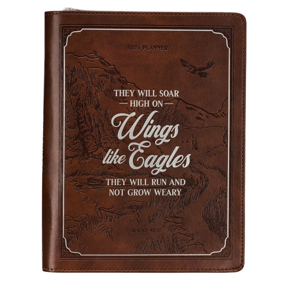 Christian Art Gifts 2024 12 Month Executive Vegan Leather Planner for Men & Women: Wings Like Eagles - Isaiah 40:31 Inspirational Bible Verse, Daily Personal Organizer w/Zipper Closure & Ribbon, Brown