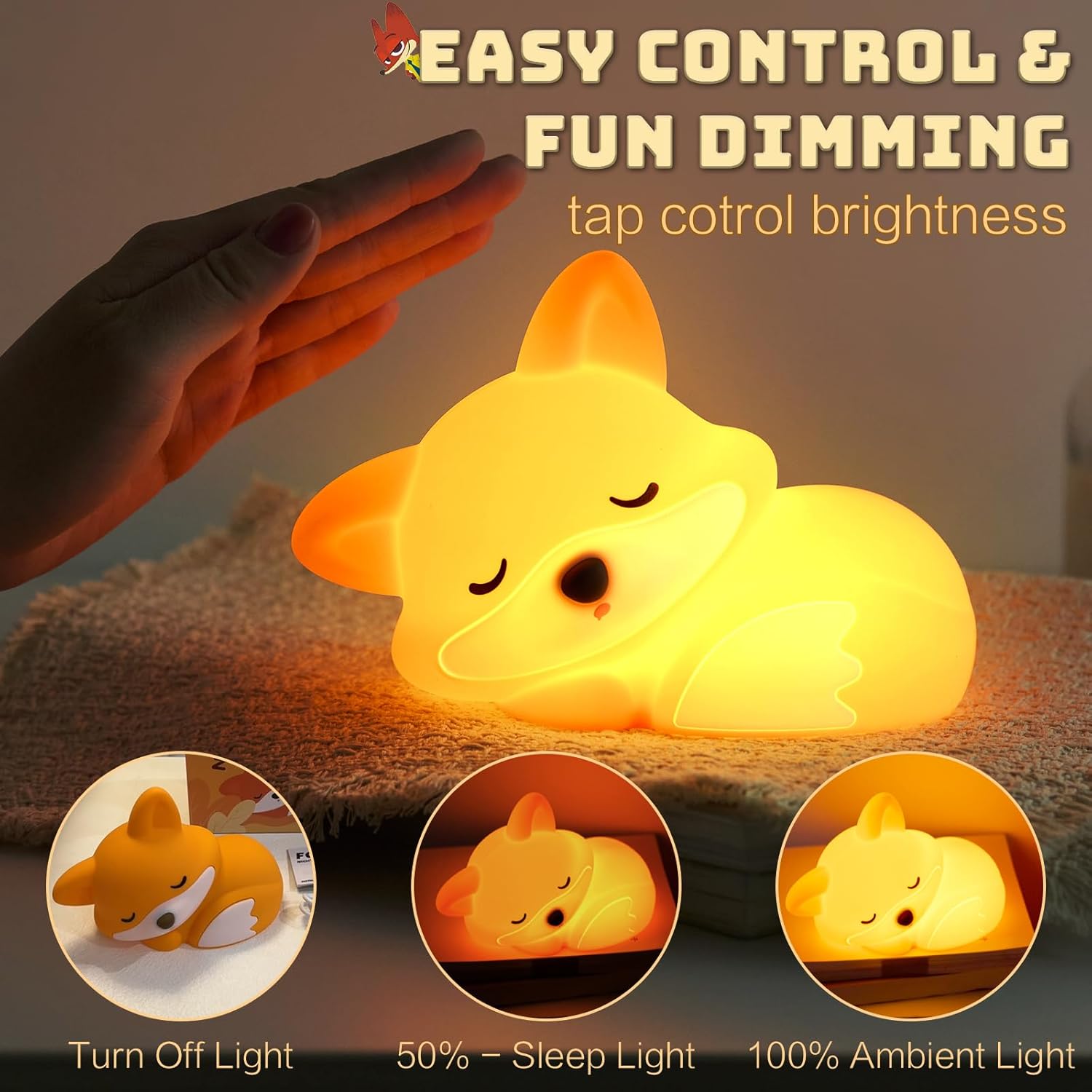 BIBEARBIBEAR Cute Fox Lamp, Fox Night Light for Kids, Squishy Rechargeable Dimmable Toy, Baby Nursrery Nightlight, Woodland Animal Décor, Xmas White Elephant Gifts, Touch Light Up Foxes