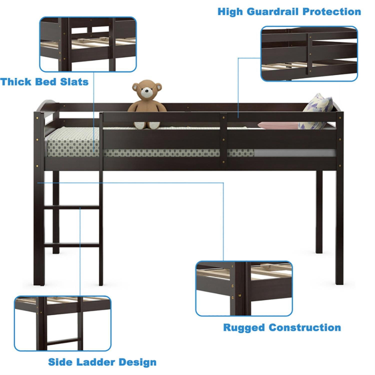 Demi Bonn Loft Bed Twin Size, Solid Wood Low Loft Bed with Guard Rail and Ladder, Modern Wooden Loft Bunk Bed Frame, Brown