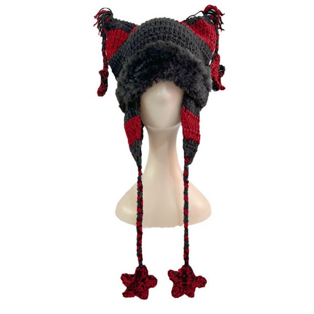 Guardurnaity Gorro de punto a rayas Y2K, con adorables estrellas y orejas de gato, accesorio de moda y gorro de punto con forma de oreja de gato. Sombreros rojo