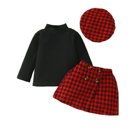 

QBGSAY Little Child Outfits Sets Toddler Baby Girl Outfits Fall Winter Clothes Ribbed Long Sleeve Tops Houndstooth Print Skirts Beret Set Cute Clothes For Kids