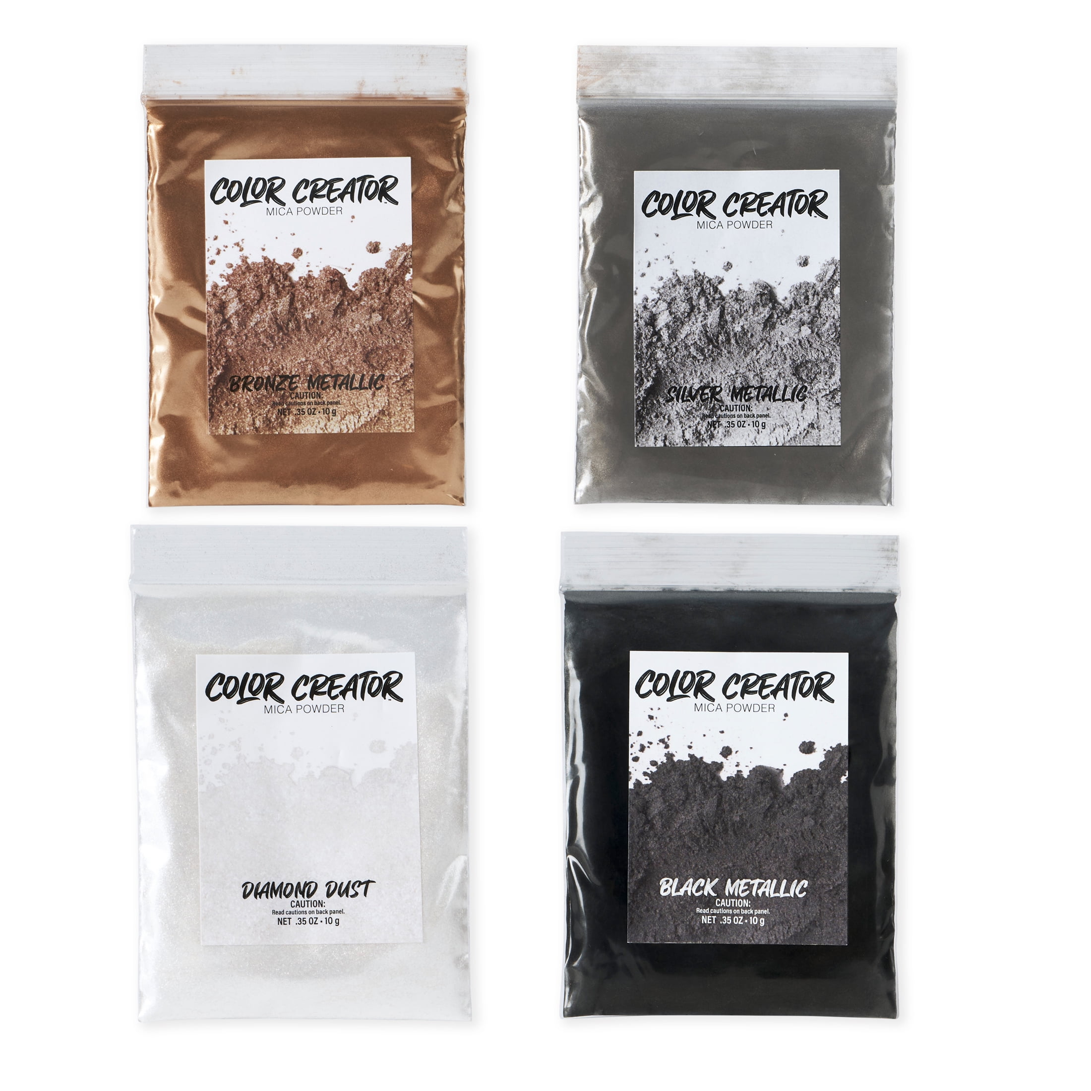 Color Creator Dusts 4pk 10g Each Metallics: Diamond Dust, Bronze, Black, Silver Metallic