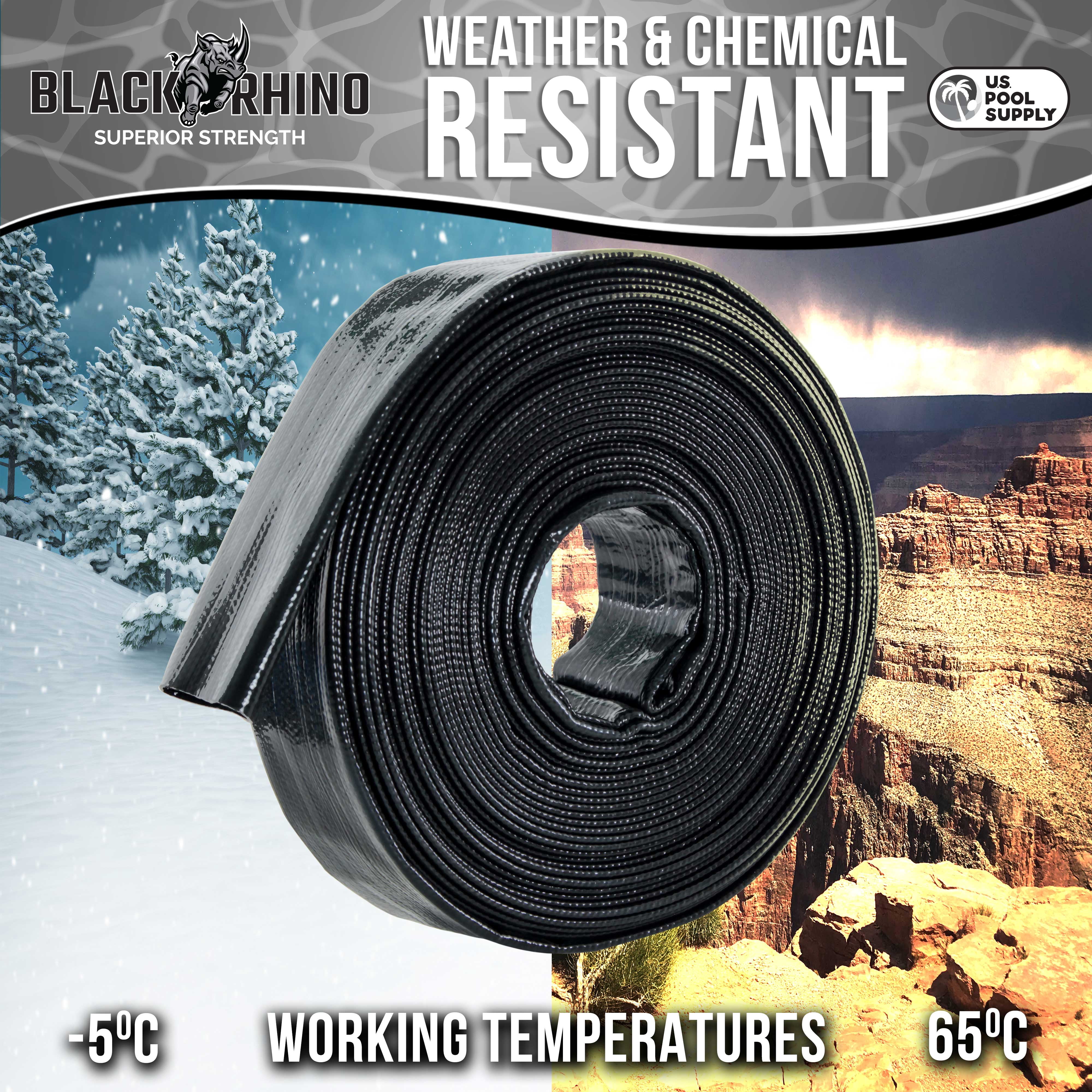 U.S. Pool Supply Black Rhino 1-1/2" x 25' Pool Backwash Hose with Hose Clamp - Extra Heavy Duty Superior Strength, Thick 1.2mm (47mils) - Weather Burst Resistant - Drain Clean Swimming Pools