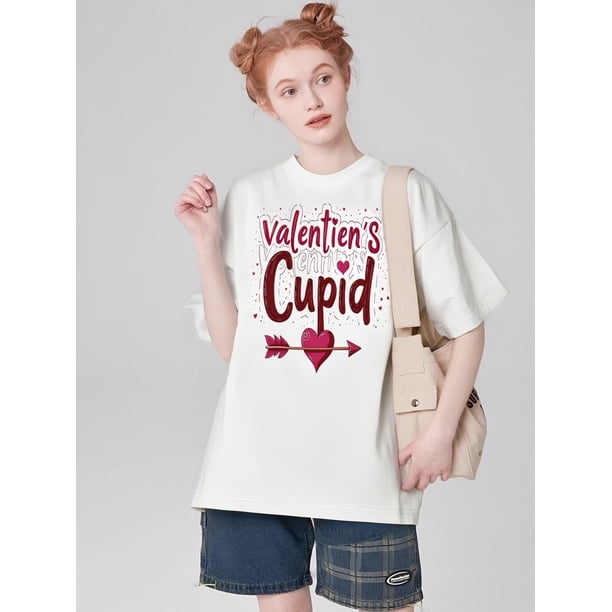 Camiseta de mujer para San Valentín, estampado artístico de café latte en forma de corazón, elegante y cómoda camiseta de manga corta, camiseta deportiva de ocio