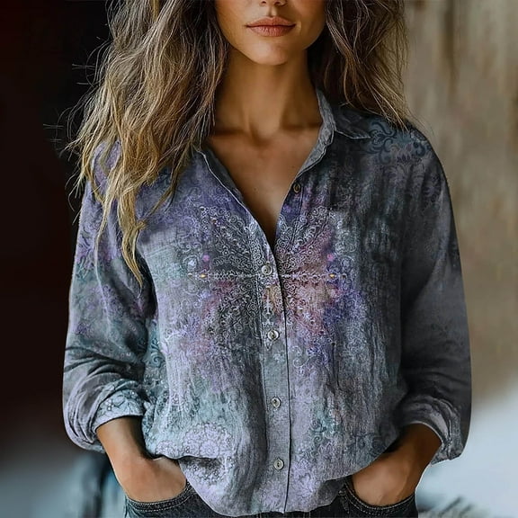 Peione Button Down Shirts for Women Dressy Retro Printed Long Sleeve Blouse Business Casual Work Tops