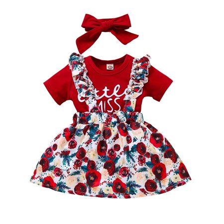 

EHTMSAK Infant Baby Toddler Girl Clothing Set Letter Print Outfits Summer Short Sleeve Bodysuit and Floral Suspender Skirt Set with Headband Red 3M-18M 80