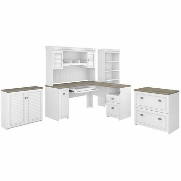 Pemberly Row Engineered Wood L Desk 5 Pc Office Set w/ Storage in White & Gray