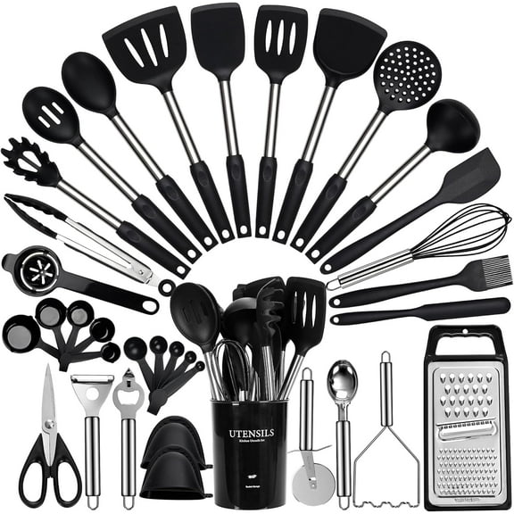 Large Cooking Utensils Set, 35 Pcs Silicone Kitchen Utensils Set with Holder, Stainless Steel Handle Spatula Set, Heat Resistant Food Grade Silicone Kitchen Gadgets for Non-stick Cookware (Black)