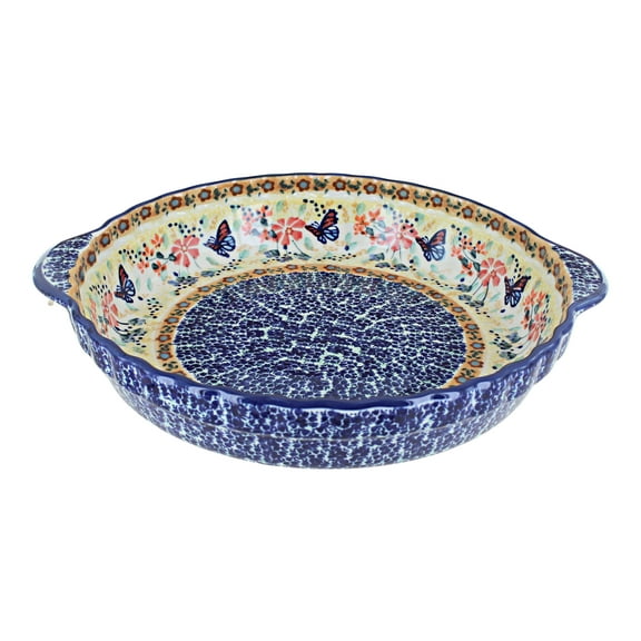 Blue Rose Polish Pottery Blue Butterfly Pie Plate with Handles