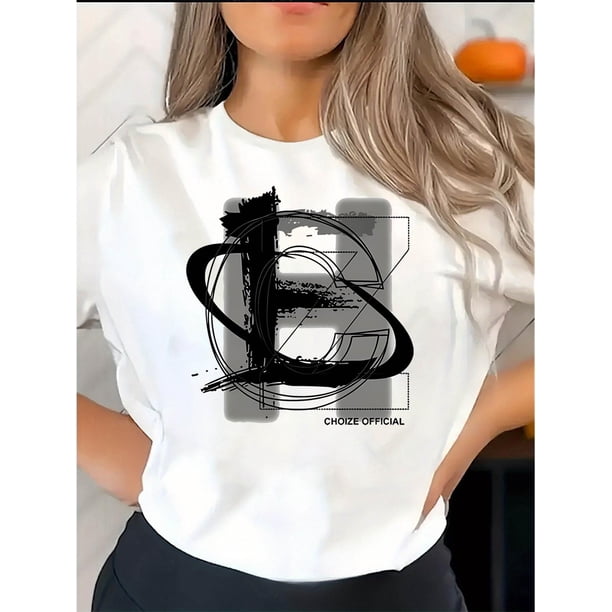 Women's Fashionable Black T-Shirt with Creative Letter HE Design - Casual Round Neck, Short Sleeve, Comfortable Polyester Blend, Perfect for Summer & Holiday Wear, Holiday Clothing|Round Neck Tshirt|