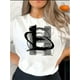 thumbnail image 1 of Women's Fashionable Black T-Shirt with Creative Letter HE Design - Casual Round Neck, Short Sleeve, Comfortable Polyester Blend, Perfect for Summer & Holiday Wear, Holiday Clothing|Round Neck Tshirt|, 1 of 6
