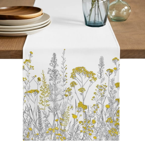 Yellow Spring Floral Short Table Runner 48 Inches Long, Elegant Pastoral Flowers Cotton Linen Table Runners Dresser Scarves, Fabric Tabletop Scarf Furniture Cover for Home Dinner Party Decor 13"x48"