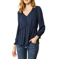 thumbnail image 3 of Allegra K Women's Ruffled Long Puff Sleeves Blouses V Neck Solid Color Semi Sheer Tops, 3 of 7