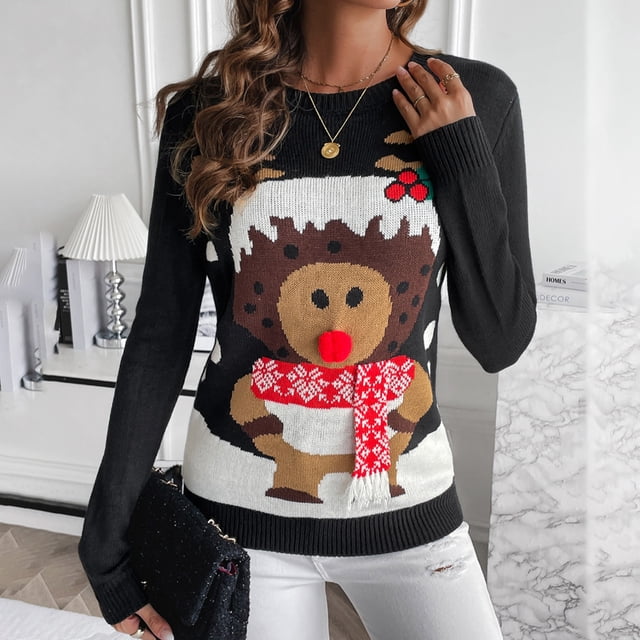 Suéteres De Punto Suéter negro con estampado de ciervos Traje de vacaciones de estilo festivo informal para mujer Ygjytge Negro T M para Mujer