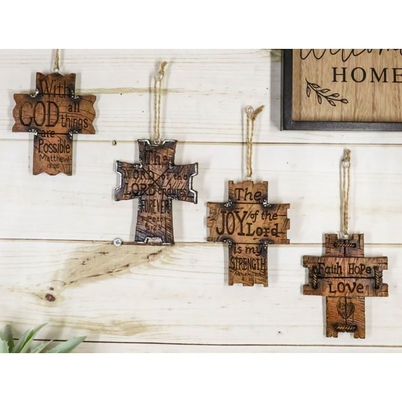 Set Of 4 Rustic Christian Bible Verses Faux Wood Christmas Tree Cross Ornaments