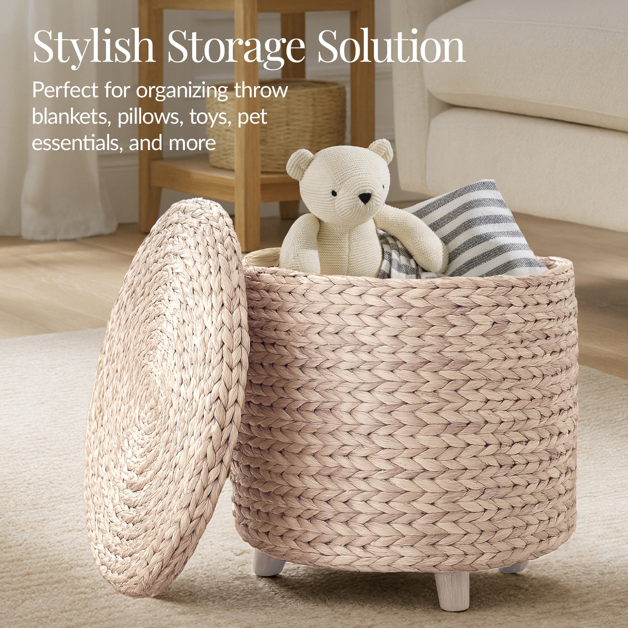 Best Choice Products 17" Round Storage Ottoman with Lid - Handwoven Water Hyacinth Modern Footstool, Whitewash