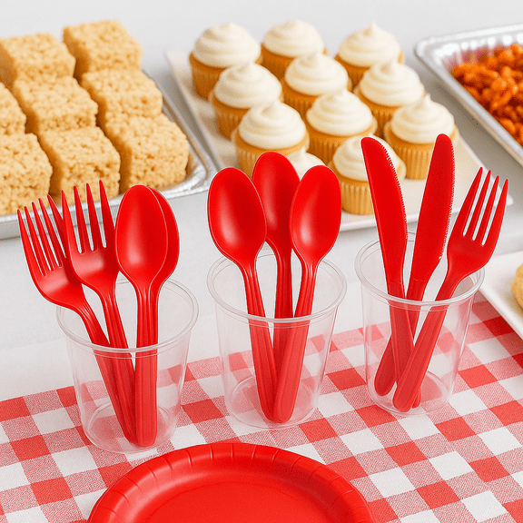 Party! Heavy Duty Red Plastic Cutlery Set, 48-Count (16 Forks, 16 Spoons, 16 Knives)