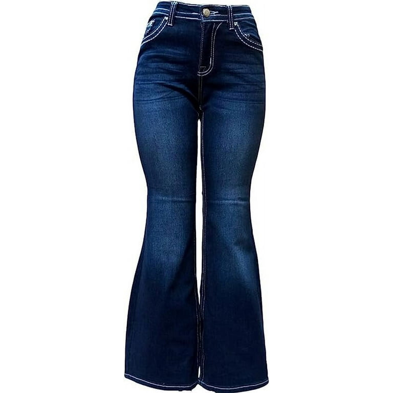 H&Y Women's 70s Trendy Sexy Rhinestone Studded Flare Fitted High Waist Bell  Bottom Denim Jeans