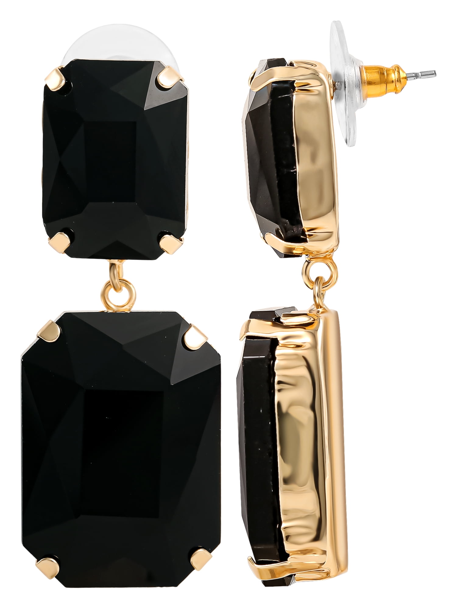 Scoop Womens 14KT Gold Flash Plated Brass Black Glass Stone Drop Earrings