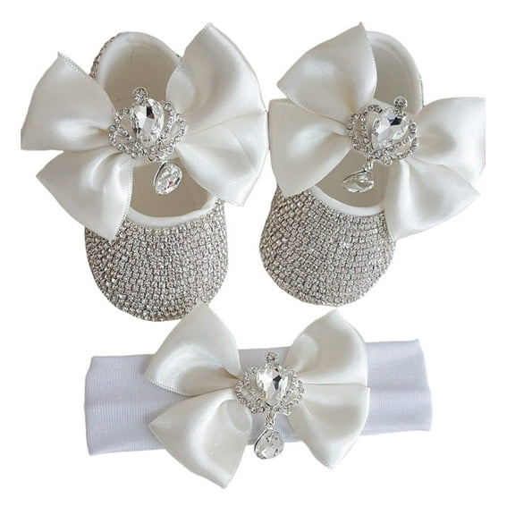 Newborn Girl Photography Outfit Set – Princess Shoes & Bow Headband with Crystal Crown, 11CM White, Infant 0-18 Months