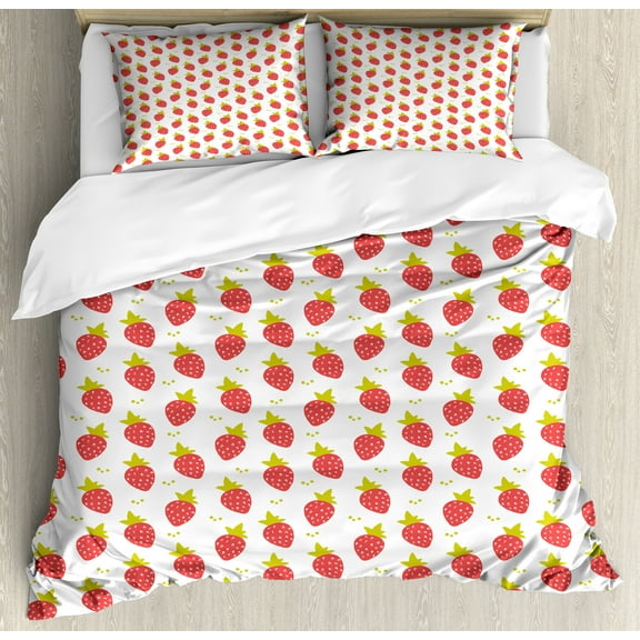 Fruit Duvet Cover Set, Freshness Strawberry Forms Summer Juicy Organic Yummy Season, Decorative 3 Piece Bedding Set with 2 Pillow Shams, Calking Size, Yellow Green Coral White, by Ambesonne