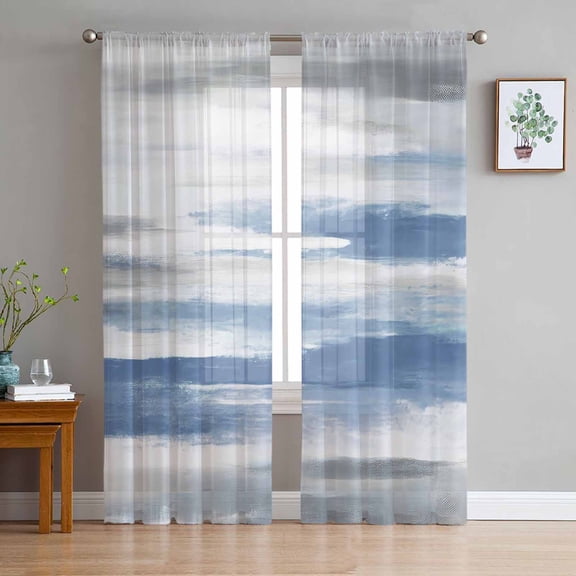 Blue Gray White Semi Sheer Curtains 72 Inch Length 2 Panels Set, Modern Abstract Mottled Aesthetic Sheer Kitchen Curtain Privacy Voile Window Curtain for Living Room Bedroom Rod Pocket Drapes