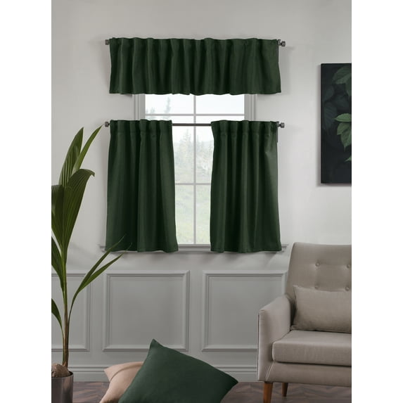 3S Brother's Solid Linen Look Curtains Drapes Kitchen Valance Set of 3 Hanging Rod Pocket Window Valance Treatments Decorative Valances Tiers Café Curtains (Duck Green 50"x14"Valance - 24"x24"Tiers)