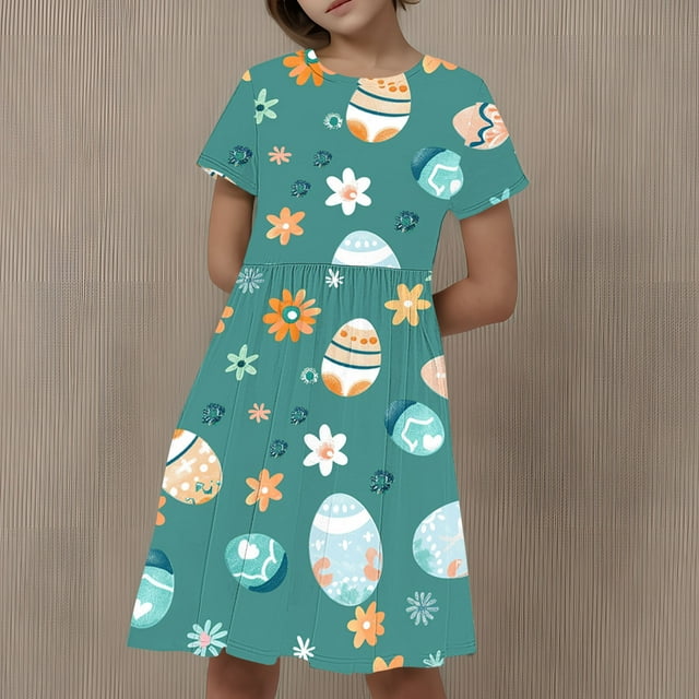 LOVZFMLL Robe à Manches Courtes Imprimée Mode Enfant 3-12 Ans Col Rond