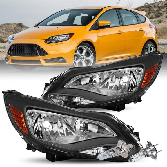 For 2012 2013 2014 Ford Focus Black Headlights Headlamps Assembly Pair w/ Bulbs