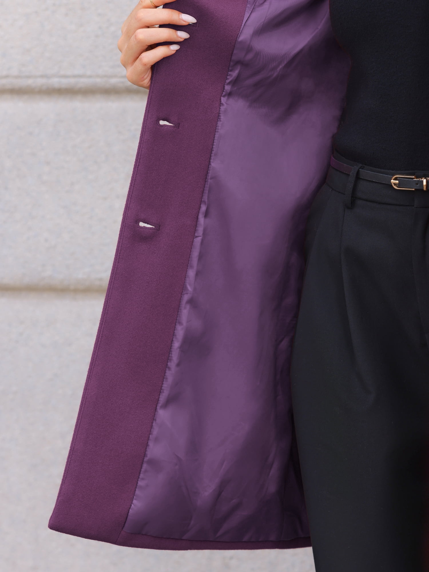 DARING DIVA Women's Stand Collar Mid-Length Overcoat with Pockets L Purple