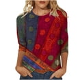 thumbnail image 3 of JURANMO Womens 3/4 Length Sleeve Tops, Casual Round Neck Pleated Blouses Vintage Ethnic Print Cotton Basic Tees Shirts Summer Tunic Prime Sales of The Day Red L, 3 of 7