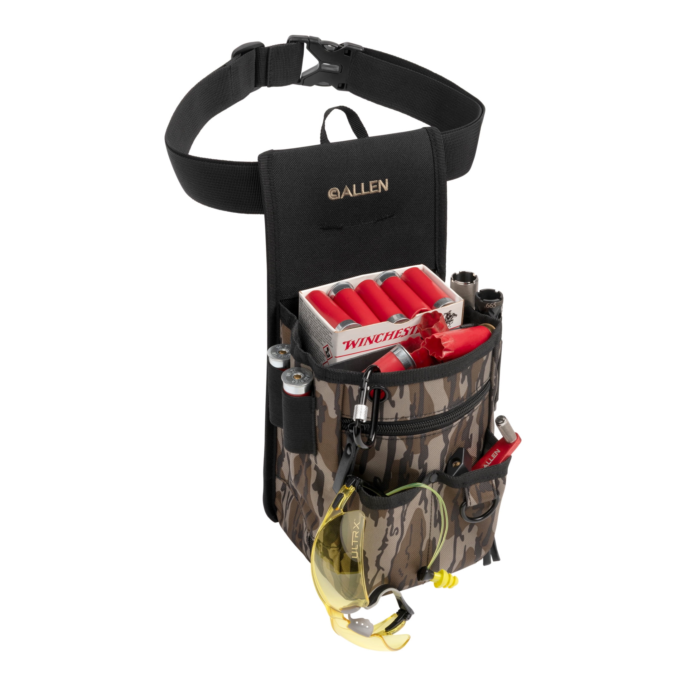 Allen Company Triumph Double Compartment Range Shell Bag  - Adjustable Belt + Endura Fabric + Clay/Trap/Skeet Shooting Storage – Black/Mossy Oak Bottomland