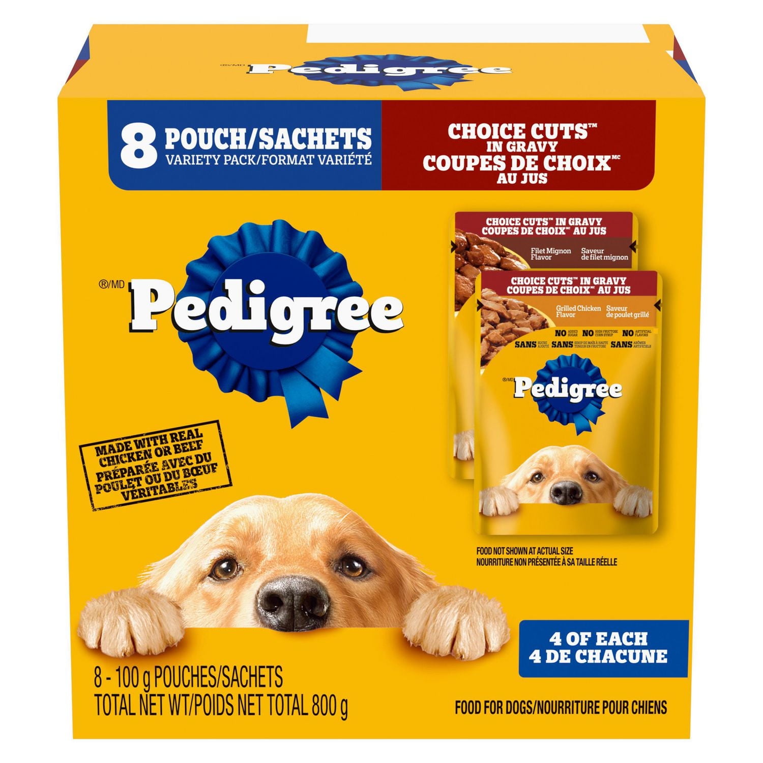 Nourriture humide pour chiens adultes PEDIGREE COUPES DE CHOIX AU JUS saveur de filet mignon et saveur de poulet grillé en format variété 8 x 100 g